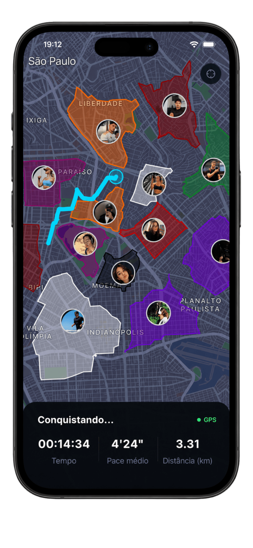 Mockup do app Korra mostrando mapa de São Paulo com territórios conquistados