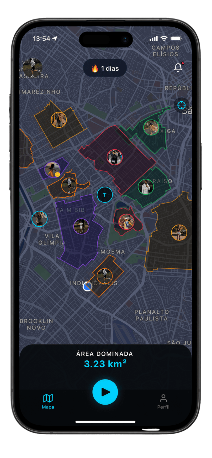 Mockup do app Korra mostrando mapa com territórios conquistados